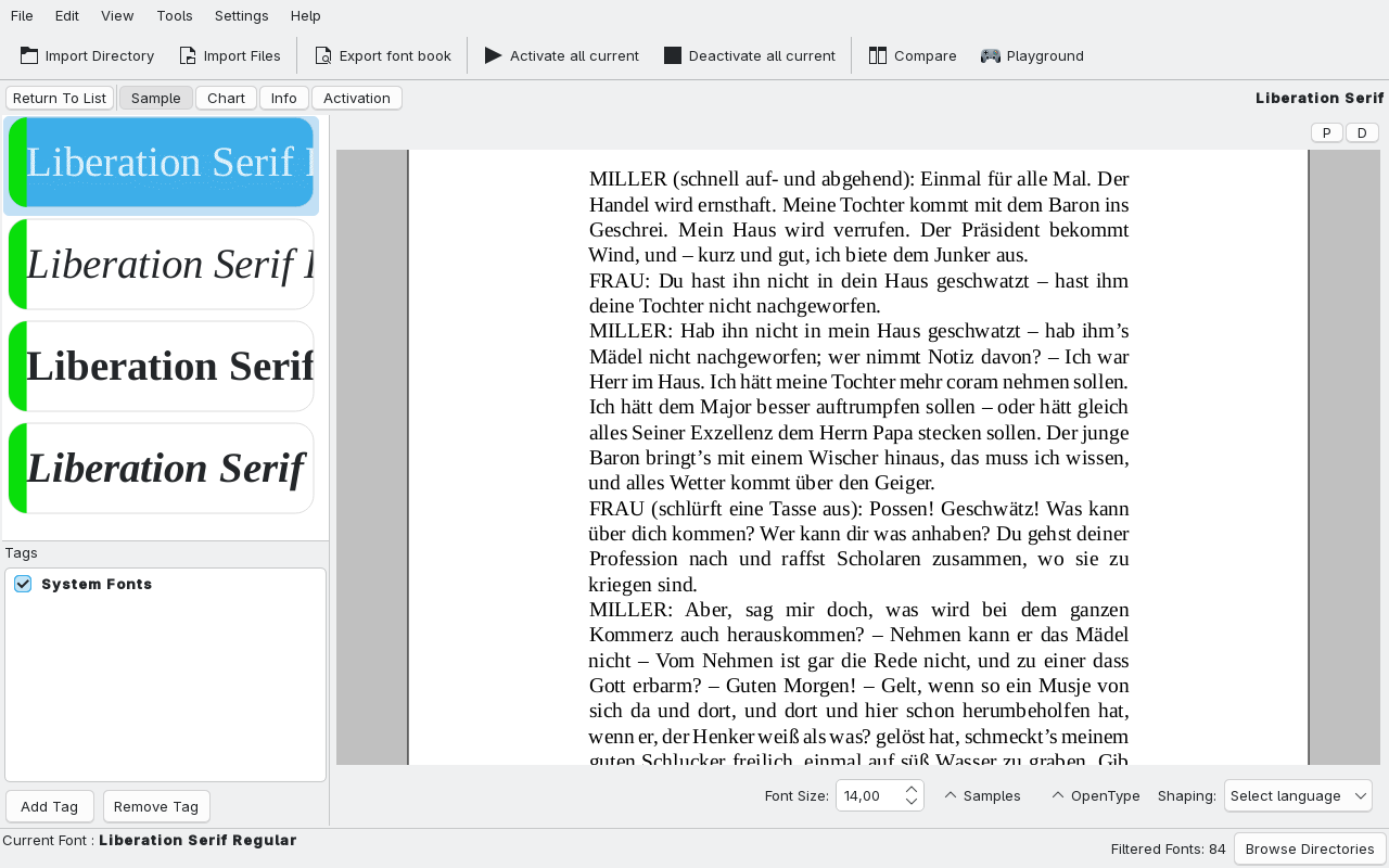 Fontmatrix showing a font family with its sample text