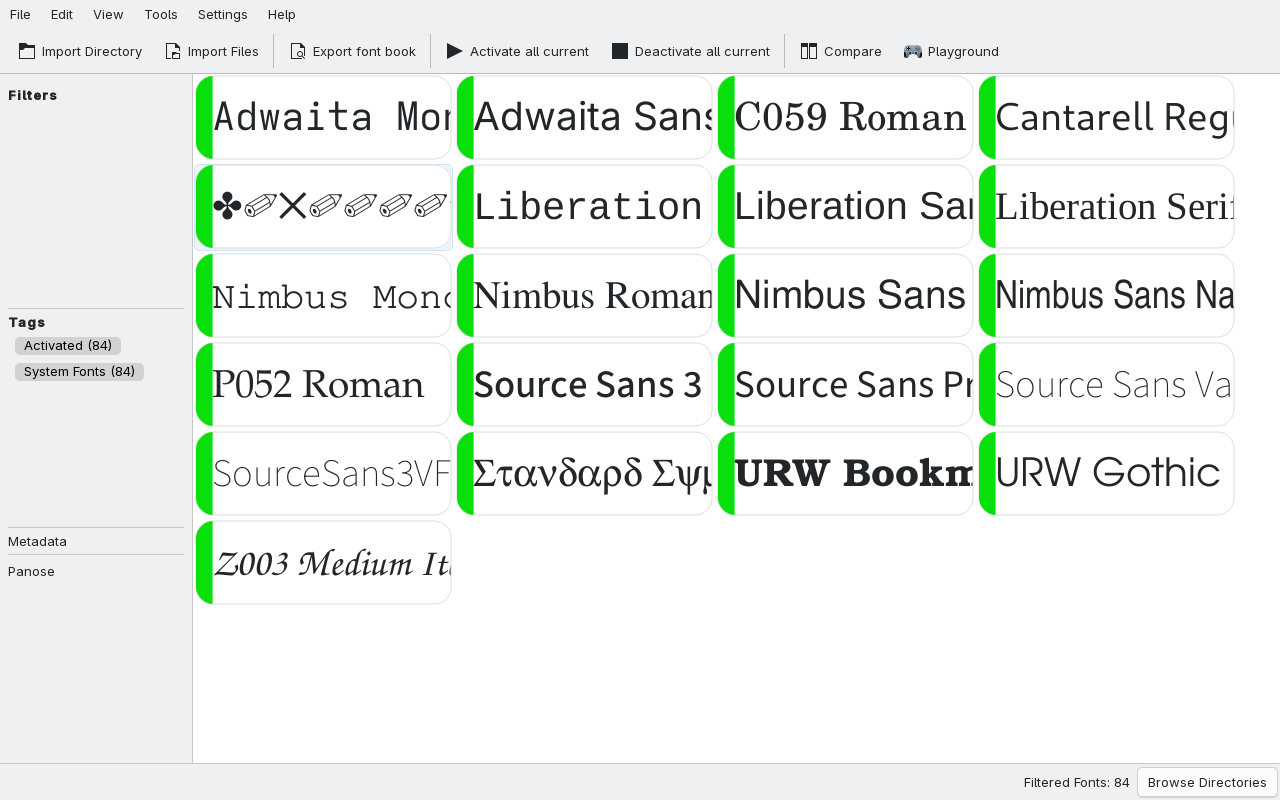 The font list with previews and filters